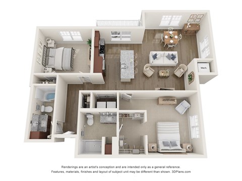 this is a 3d floor plan of a 2 bedroom apartment